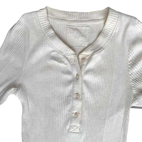 Aerie Long Sleeve Ribbed Knit Henley Top L Cream Casual Layer Bella Y2K Style - Picture 2 of 13